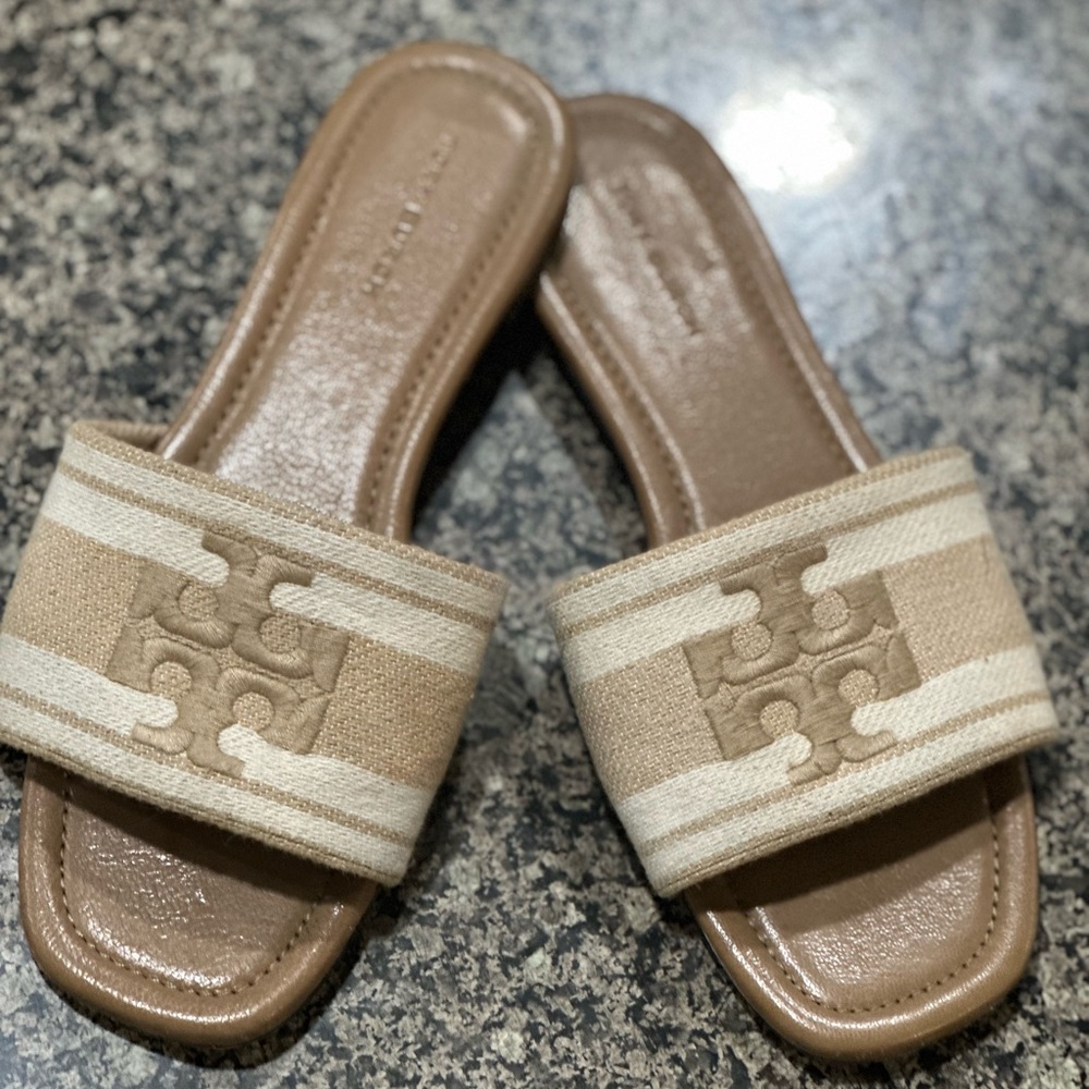 Tory Burch Beige and Cream Slide Sandals